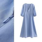 Plain Elbow-sleeve V-neck Midi A-line Dress