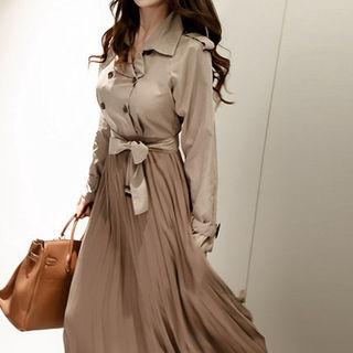 Double-breasted Pleated Trench Coat With Sash