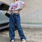 Elbow-sleeve Lettering T-shirt / Baggy Jeans