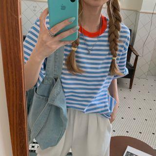 Short-sleeve Striped Loose-fit T-shirt Stripes - Blue & White - One Size