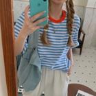 Short-sleeve Striped Loose-fit T-shirt Stripes - Blue & White - One Size