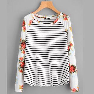 Floral Sleeve Panel Striped T-shirt