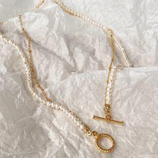 Geometric Pendant Freshwater Pearl Choker 1pc - Gold & White - One Size