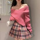V-neck Wrapped Sweater / Plaid Mini Pleated Skirt