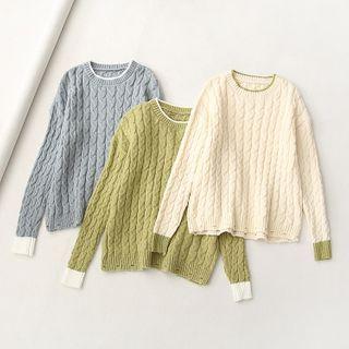 Contrast Trim Distressed Cable Knit Sweater