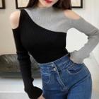 Mock-neck Off-shoulder Two-tone Knit Top