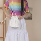 Embroidered Mesh Paneled Canvas Bucket Bag White - One Size