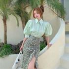 Puff-sleeve Shirt / Floral Print Slit Midi Pencil Skirt