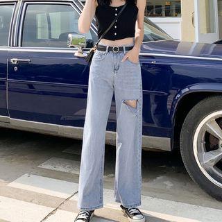 High-waist Straight-leg Ripped Jeans