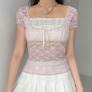 Mock Two Piece Lace See-through Short Sleeve Top