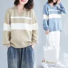 Striped V-neck Lantern-sleeve Sweater