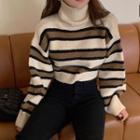 Turtleneck Striped Cropped Sweater Stripes - Beige & Black & Brown - One Size