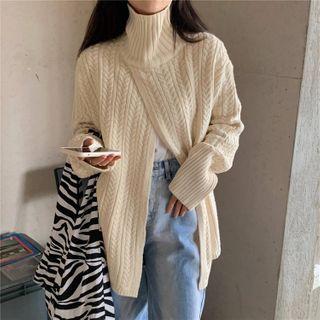High Neck Slit-front Cable Knit Top
