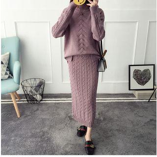 Set Of Two: Cable Knit Turtleneck Sweater + Cable Maxi Skirt