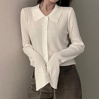 Long-sleeve Lapel Cropped Plain Knit Top