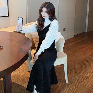 Set: Mock-neck Lace Blouse + Spaghetti Strap Midi Dress