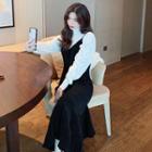 Set: Mock-neck Lace Blouse + Spaghetti Strap Midi Dress