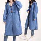 Plaid Hooded Long Jacket Blue - One Size