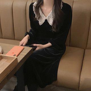 Balloon-sleeve Collared Velvet Midi A-line Dress