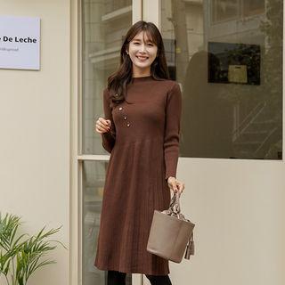 Button-trim Ribbed Knit Midi Dress