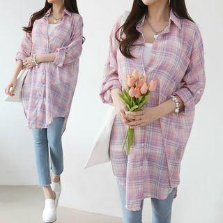 Roll-up Sleeve Plaid Longline Shirt