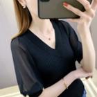 Short-sleeve Knit Chiffon Top