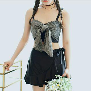 Set: Spaghetti Strap Metallic Ribbon Bikini Top + Ruffled Wrap Swim Skirt