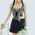 Set: Spaghetti Strap Metallic Ribbon Bikini Top + Ruffled Wrap Swim Skirt