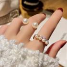 Set Of 2: Rhinestone / Faux Pearl Open Ring Set Of 2 - Rose Gold - One Size