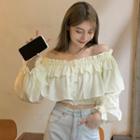 Off-shoulder Flared-cuff Ruffle Trim Button-up Cropped Blouse Light Yellow - One Size