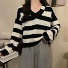 V-neck Color Block Striped Knit Long-sleeve Top