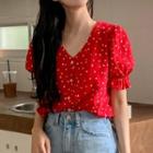 Puff Sleeve V-neck Heart Print Blouse
