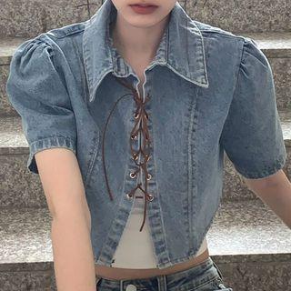 Puff-sleeve Lace-up Denim Crop Shirt