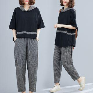 Set: Gingham Panel Hooded Short-sleeve T-shirt + Tapered Pants