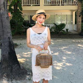 Set: Sleeveless Open-knit Top + Band-waist Midi Skirt