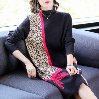 Mock-turtleneck Print Panel Sweater Dress