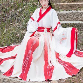 Hanfu Set Of 3 : Cross-collar Long-sleeve Embroidered Coat + Cross-collar Long-sleeve Top + Semi-body Print Maxi Skirt