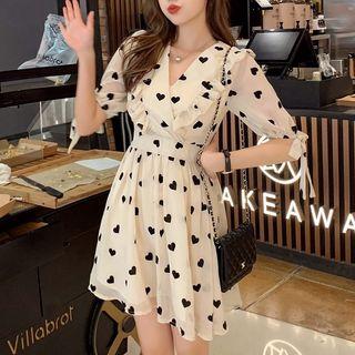 Elbow-sleeve Frill Trim Heart Patterned A-line Dress