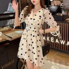 Elbow-sleeve Frill Trim Heart Patterned A-line Dress