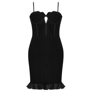 Spaghetti Strap Ruffle Trim Sheath Cocktail Dress