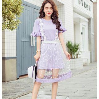 Set: Crew-neck Short-sleeve T-shirt Dress + Lace Panel Suspender Skirt
