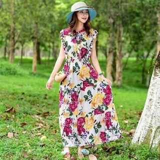Flower Print Sleeveless Maxi A-line Dress As Shown In Figure - One Size