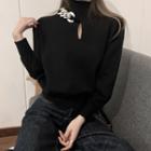 Keyhole Turtleneck Knit Top Black - One Size