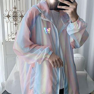 Reflective Butterfly Print Hooded Zip-up Jacket