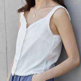 Eyelet Button Sleeveless Cropped Top