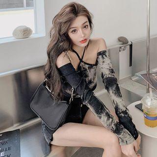 Long-sleeve Cold Shoulder Tie-dye Crop Top