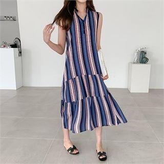 Half-placket Sleeveless Striped Dress Blue - One Size