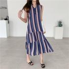 Half-placket Sleeveless Striped Dress Blue - One Size