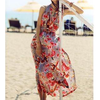 Halter Open Back Floral Maxi Dress