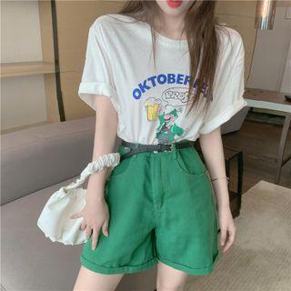 Short-sleeve Cartoon Print T-shirt / Denim Shorts